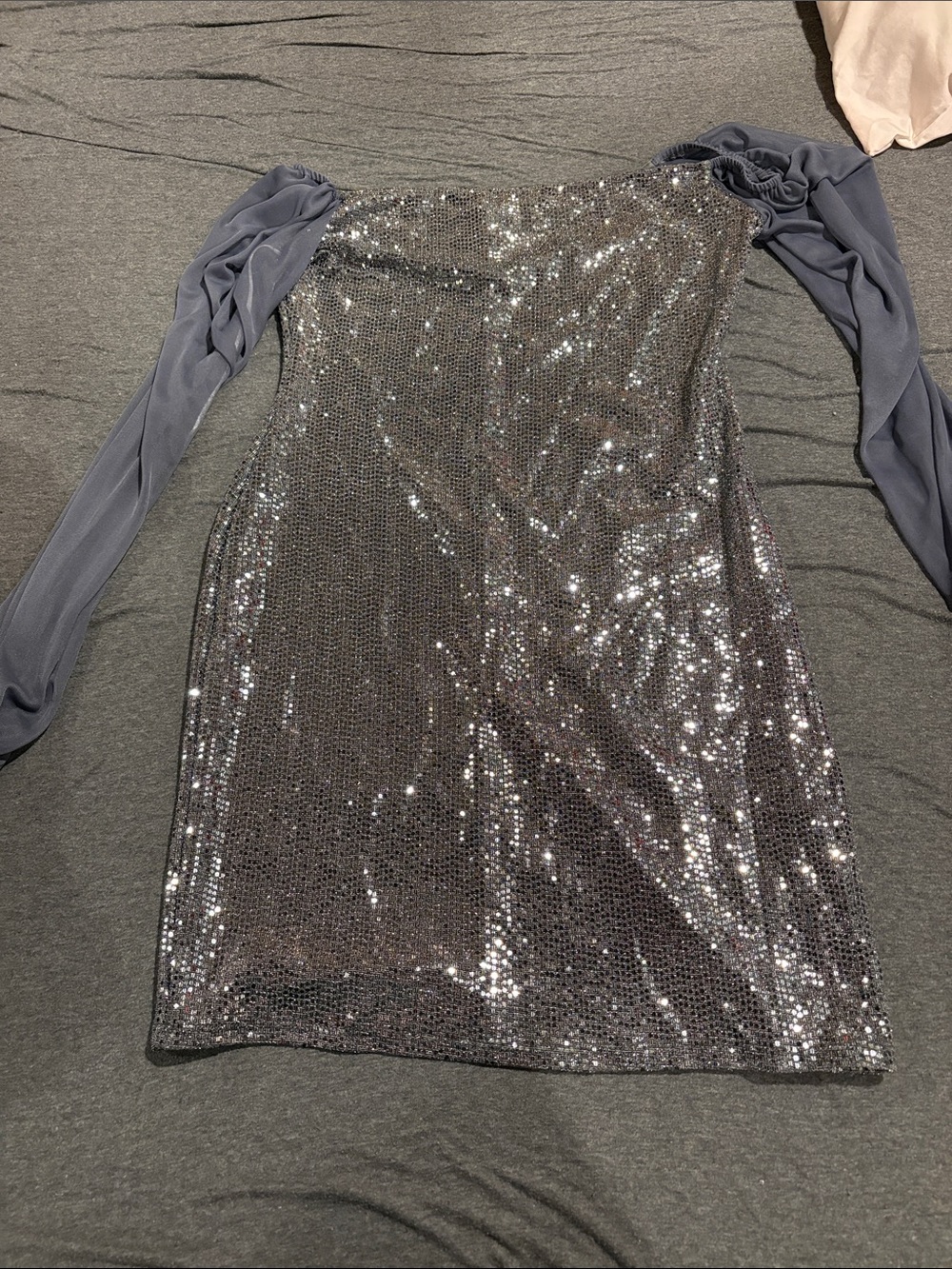 bebe Silver Sequin Mini Dress with Sheer Blue Long Sleeves